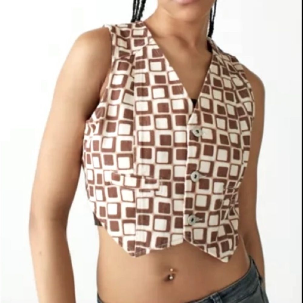The Ragged Priest Brown Checkered Denim Vest Top XL Cropped NWOT